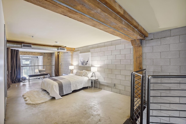 unfurnished bedroom with concrete flooring, concrete block wall, visible vents, and beamed ceiling