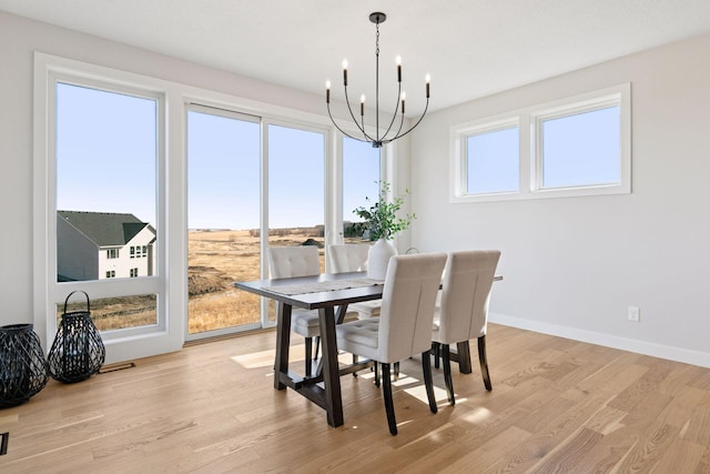 dining space with light wood finished floors, an inviting chandelier, visible vents, and baseboards