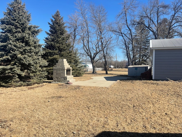 view of yard with a stone fireplace