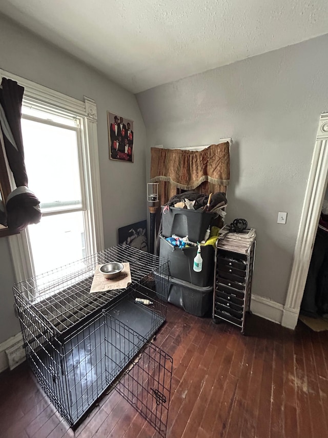 interior space with lofted ceiling, a textured ceiling, baseboards, and hardwood / wood-style floors