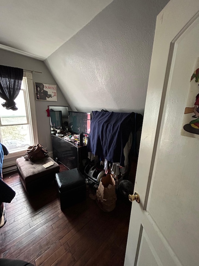 additional living space featuring a textured ceiling, vaulted ceiling, and hardwood / wood-style floors