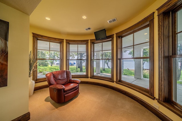 sitting room with a wealth of natural light, baseboards, visible vents, and carpet flooring