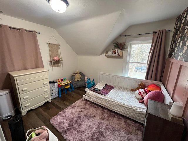 bedroom featuring dark wood finished floors and lofted ceiling