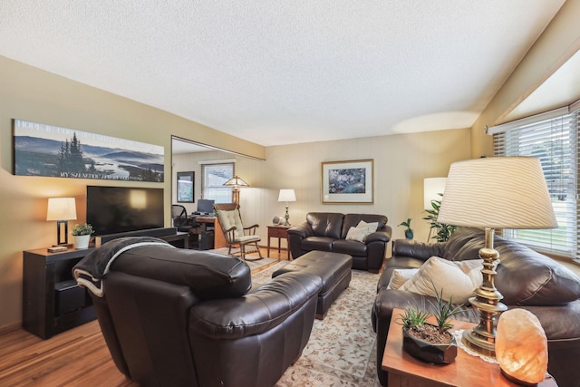 living area featuring a textured ceiling and wood finished floors