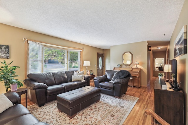 living area with light wood-type flooring and a textured ceiling