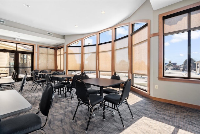 dining area with recessed lighting, visible vents, baseboards, french doors, and dark colored carpet