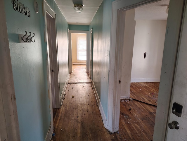 hallway featuring wood-type flooring, a baseboard radiator, and baseboards