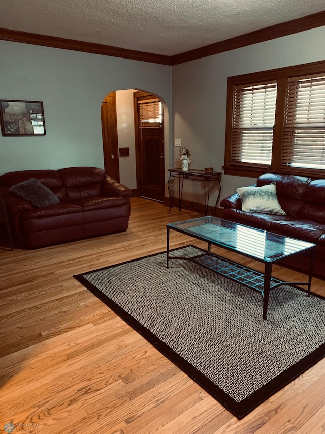 living area featuring arched walkways, light wood finished floors, a textured ceiling, and crown molding