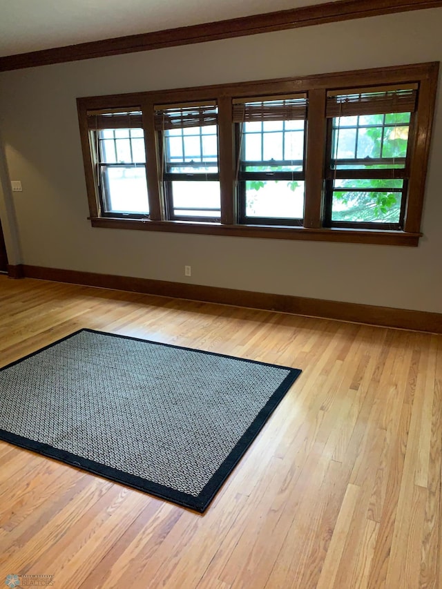 interior space with ornamental molding, plenty of natural light, light wood-style flooring, and baseboards