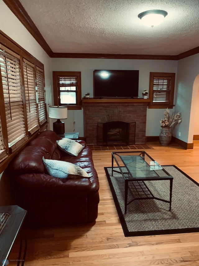 living room with arched walkways, a fireplace, crown molding, and wood finished floors