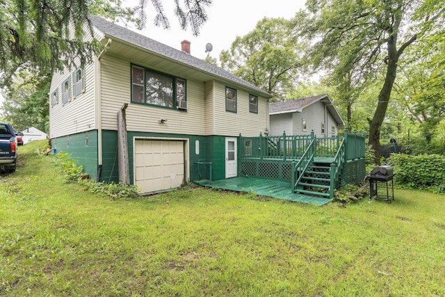 view of front of property featuring an attached garage, a shingled roof, a wooden deck, a chimney, and a front yard