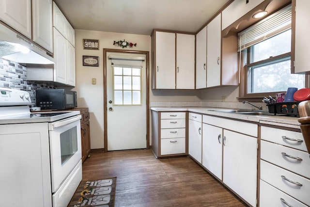 kitchen featuring black microwave, under cabinet range hood, electric range, dark wood-style flooring, and a sink