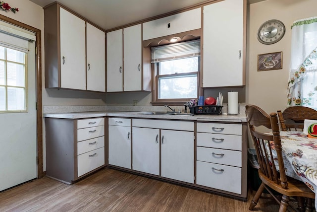 kitchen with wood finished floors, light countertops, and white cabinetry