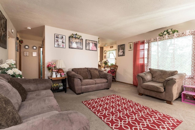 living room with carpet, a textured ceiling, and baseboards