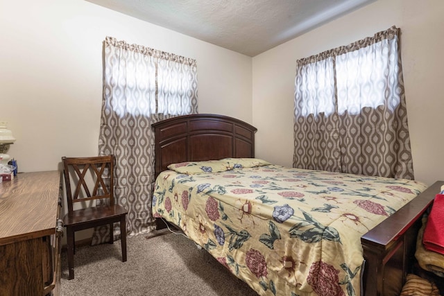 bedroom with carpet floors and a textured ceiling