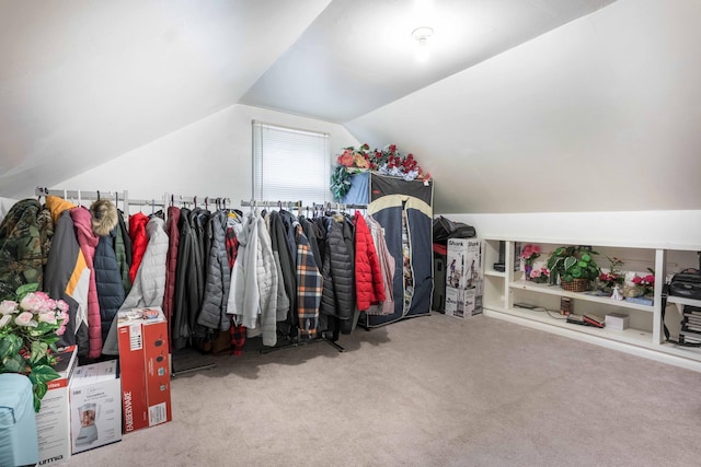 walk in closet with vaulted ceiling and carpet floors