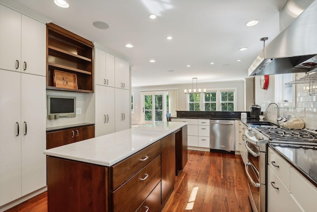 kitchen featuring white cabinets, a sink, stainless steel appliances, dark wood-style flooring, and exhaust hood