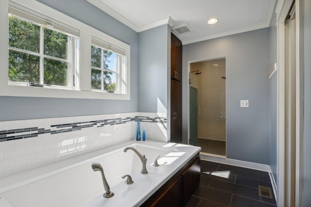 full bath featuring visible vents, a stall shower, ornamental molding, tile patterned floors, and a garden tub