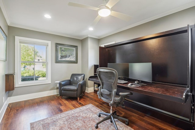 home office with baseboards, ornamental molding, a ceiling fan, and wood-type flooring