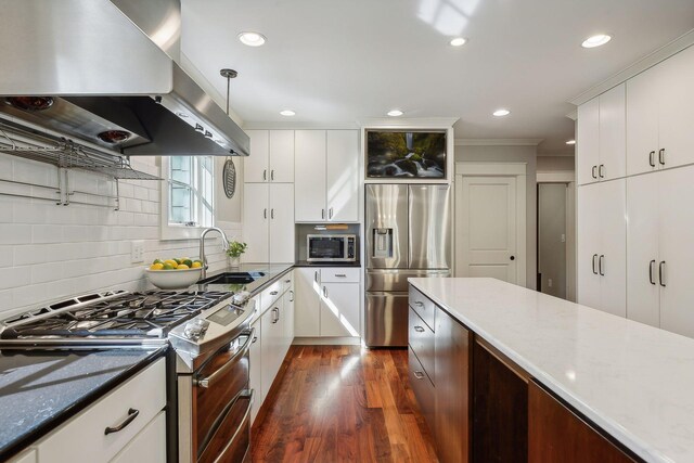 4015 Wood End Dr, Edina, MN 55424 - kitchen with appliances with stainless steel finishes, exhaust hood, a sink, dark wood-style flooring, and backsplash