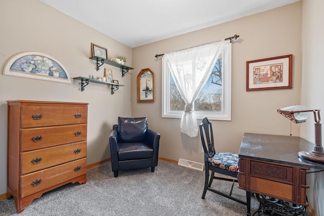 home office featuring visible vents, baseboards, and carpet