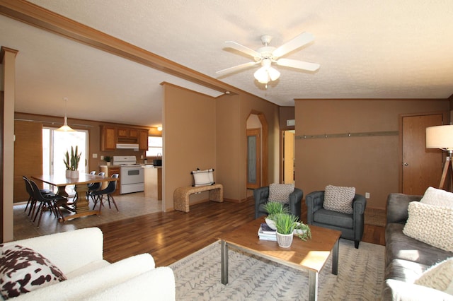 living room with lofted ceiling, a textured ceiling, arched walkways, a ceiling fan, and light wood-type flooring