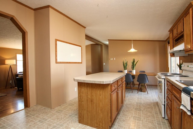 kitchen featuring ornamental molding, arched walkways, brown cabinets, and white electric stove