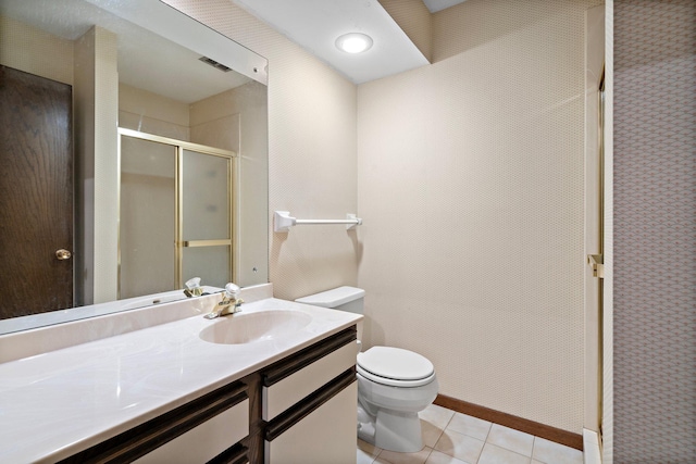 bathroom with vanity, visible vents, a shower stall, tile patterned floors, and toilet