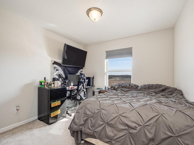 carpeted bedroom with baseboards and a textured ceiling