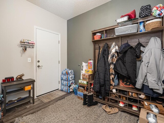 mudroom with wood finished floors and a textured ceiling