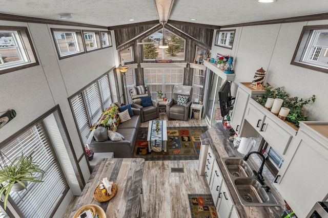 living area with crown molding, lofted ceiling with beams, wood finished floors, and a textured ceiling