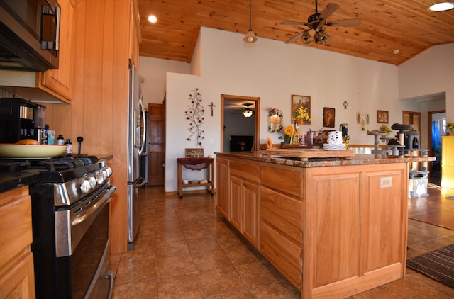 kitchen with wooden ceiling, ceiling fan, stainless steel appliances, and tile patterned floors