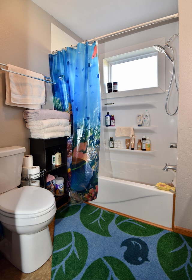 full bathroom featuring shower / bath combo, carpet flooring, and toilet