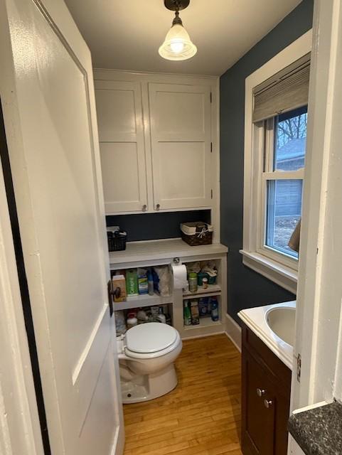 bathroom featuring toilet, wood finished floors, and vanity