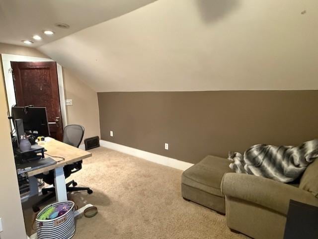 carpeted office space featuring lofted ceiling, baseboards, and recessed lighting