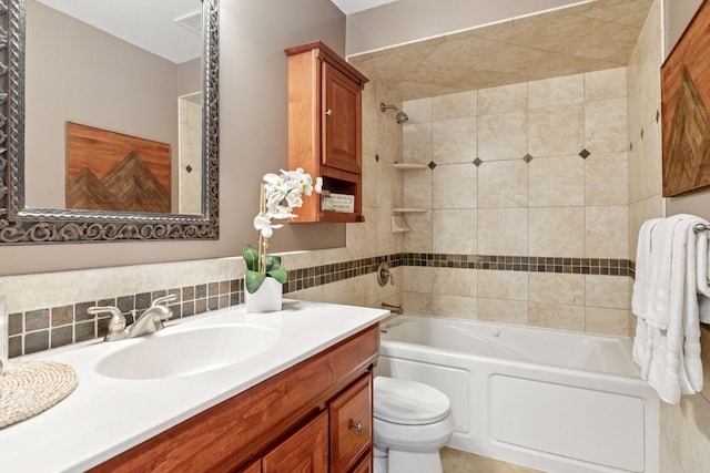 full bathroom with backsplash, vanity, toilet, and shower / tub combination