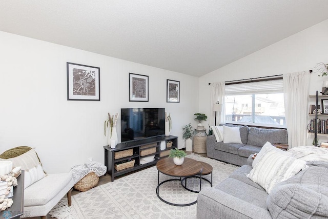 living room featuring vaulted ceiling and wood finished floors