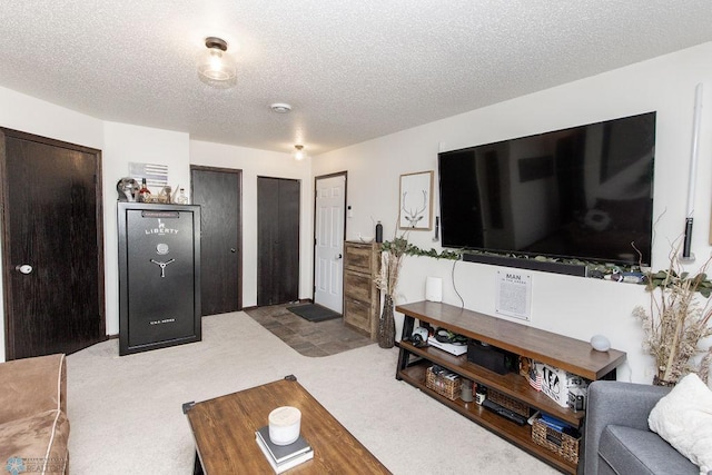 living room with carpet flooring and a textured ceiling