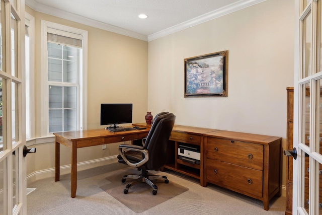 home office featuring recessed lighting, light carpet, baseboards, french doors, and crown molding