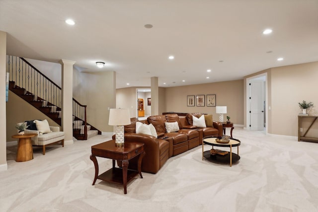 living area featuring light carpet, stairs, baseboards, and recessed lighting