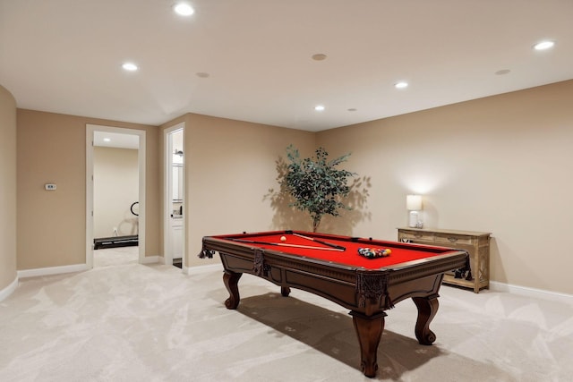 recreation room featuring light carpet, pool table, baseboards, and recessed lighting