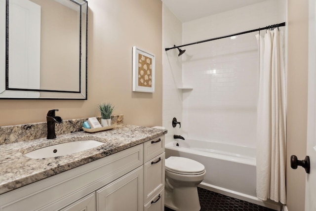 bathroom featuring toilet, shower / bathtub combination with curtain, and vanity