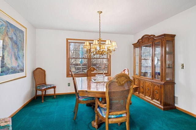 carpeted dining room featuring a chandelier, visible vents, and baseboards