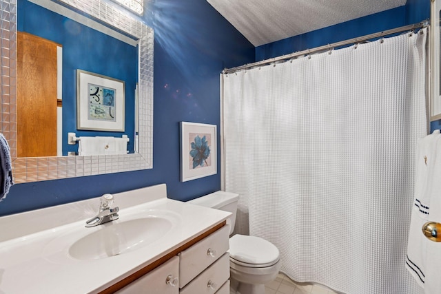 full bathroom with a shower with curtain, toilet, vanity, and a textured ceiling