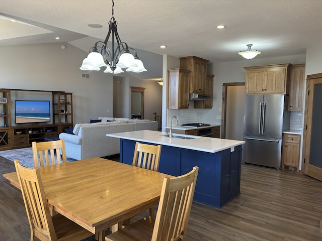 dining space with dark wood-style floors, lofted ceiling, recessed lighting, visible vents, and a textured ceiling