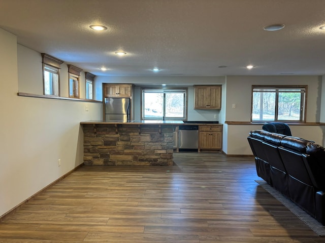 kitchen with a textured ceiling, appliances with stainless steel finishes, plenty of natural light, and dark wood finished floors