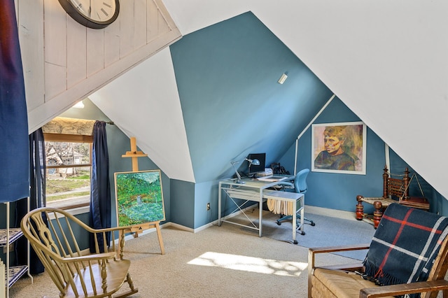 office with lofted ceiling, carpet, and baseboards