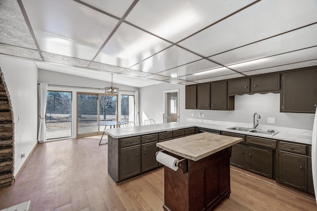 kitchen featuring a sink, a peninsula, and dark brown cabinetry