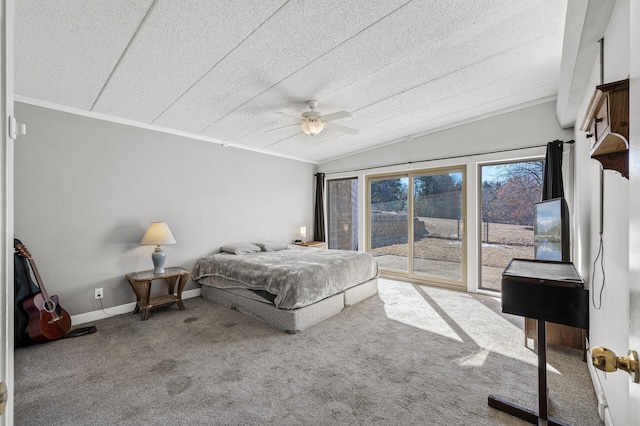 bedroom with lofted ceiling, a textured ceiling, carpet flooring, baseboards, and access to exterior