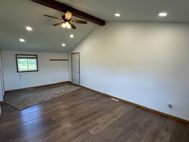 unfurnished room featuring vaulted ceiling with beams, ceiling fan, recessed lighting, dark wood-type flooring, and baseboards